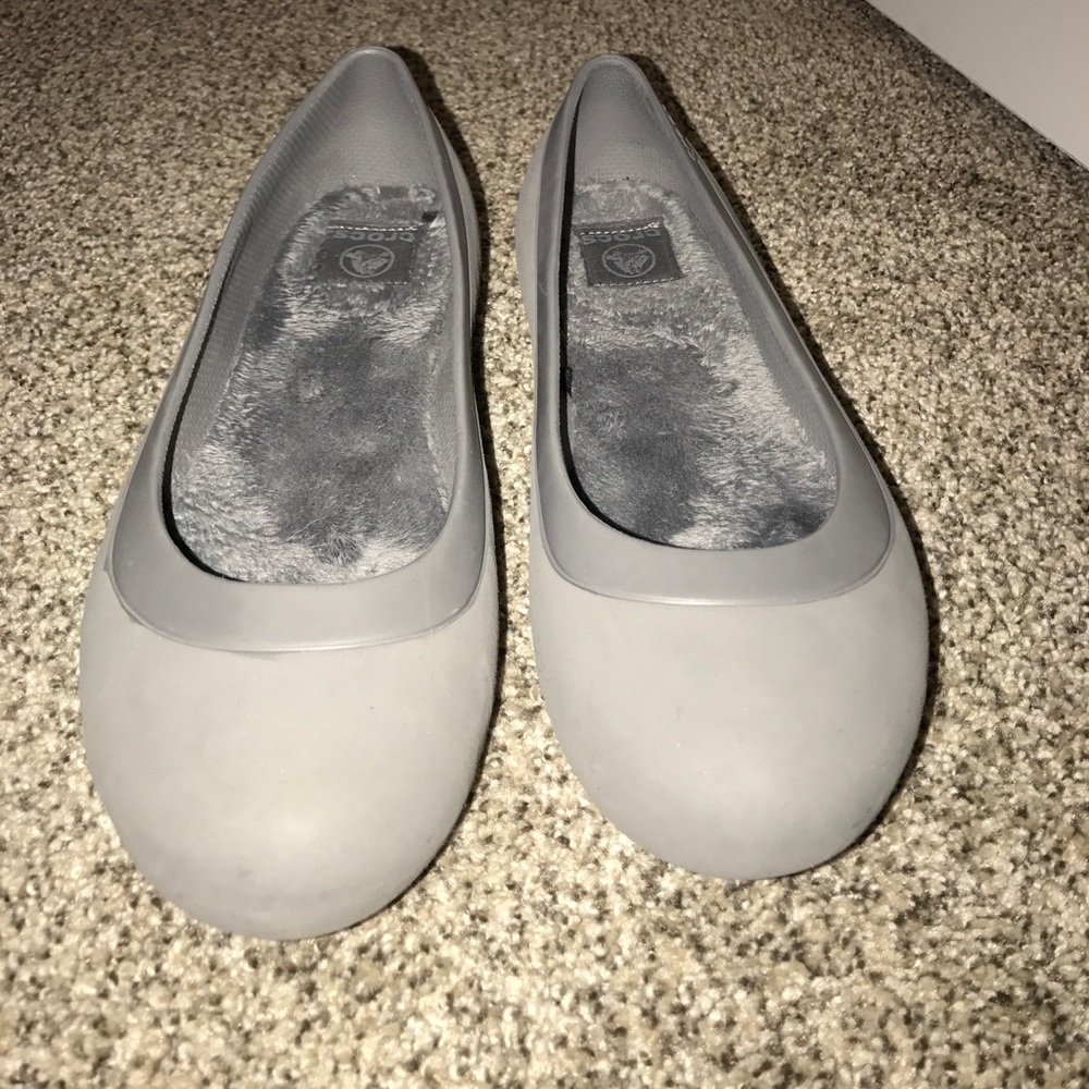 Gray Faux Fur Lined CROCS Flats